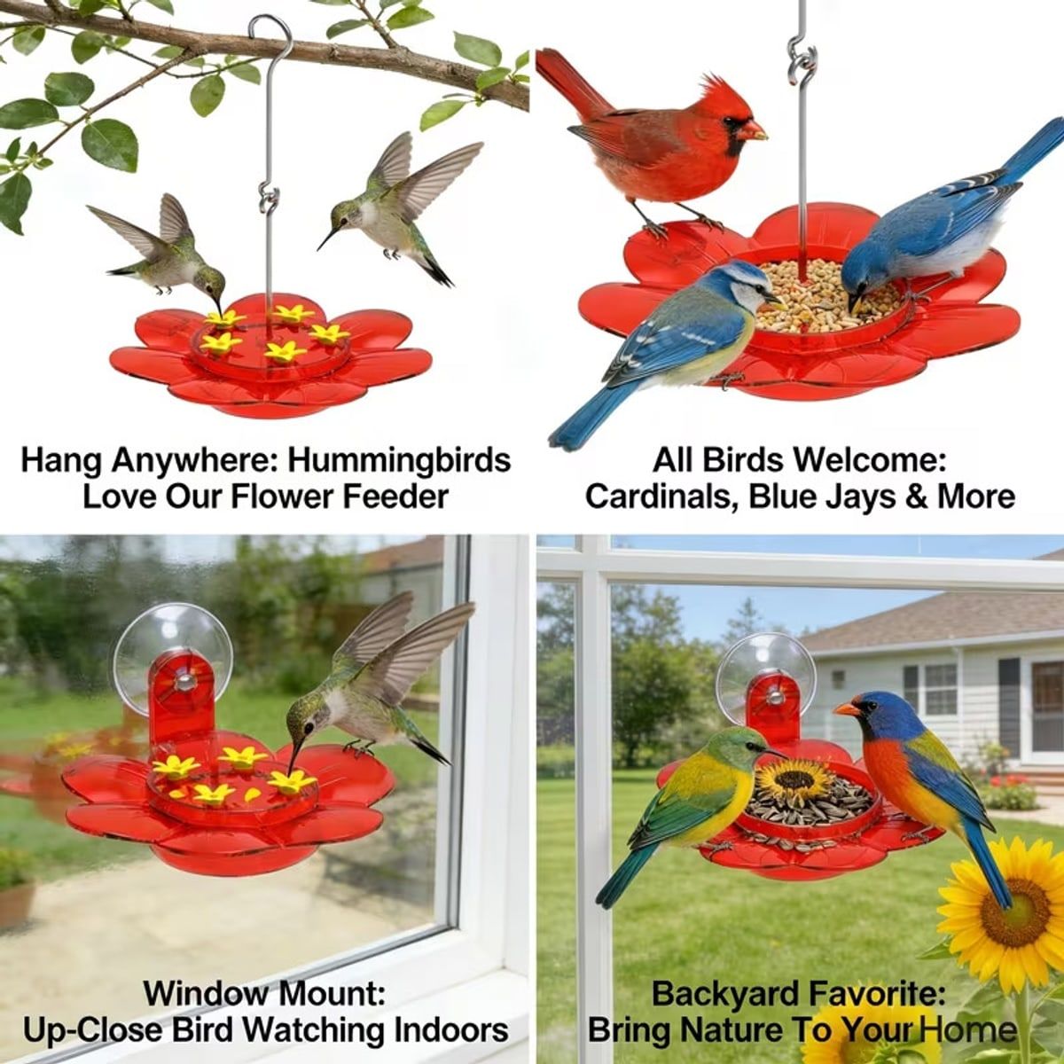 Red 2 in 1 Hanging Bird Feeder with Suction Cup