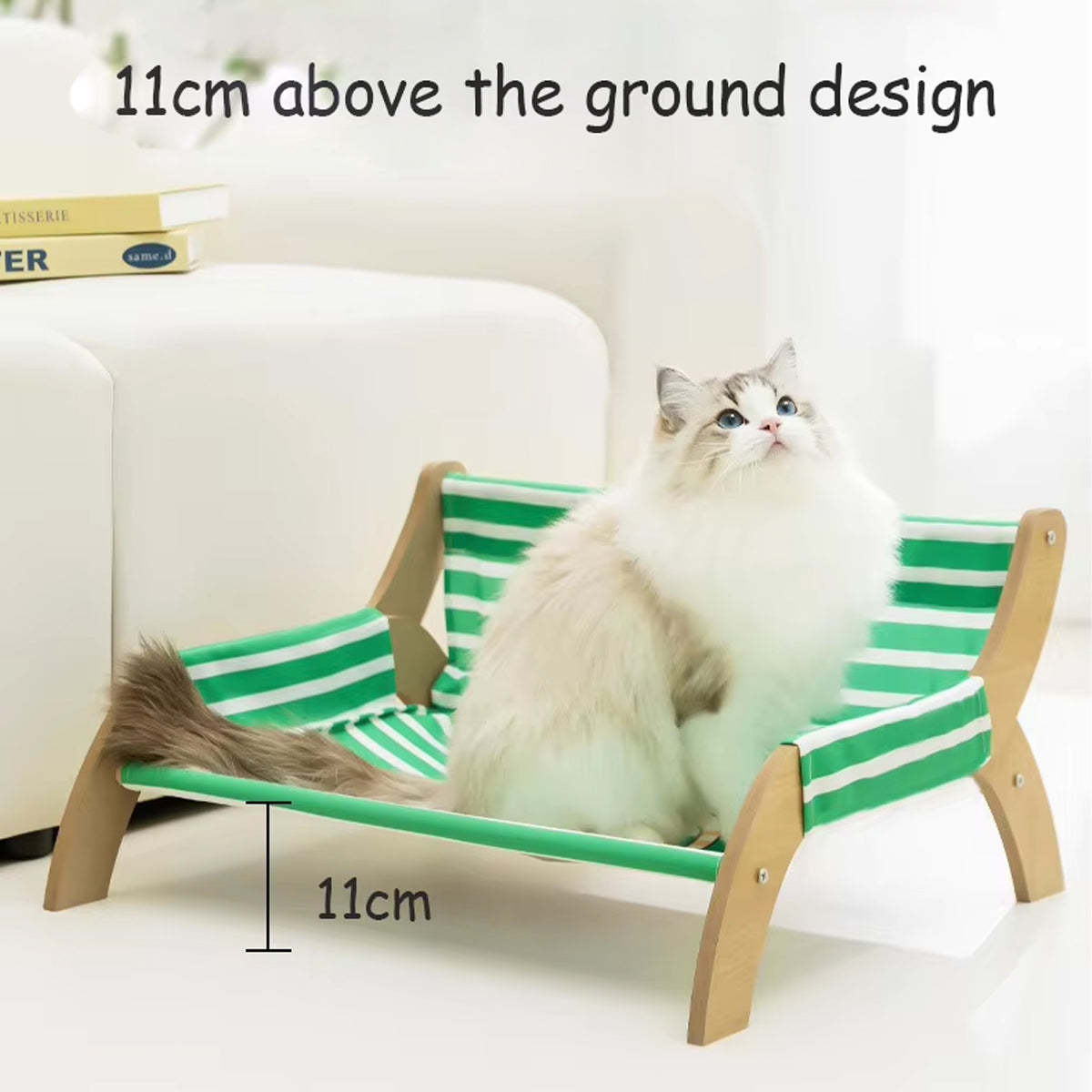 Striped Pet Lounger Bed with Wooden Frame for Small Dogs and Cats