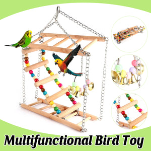 Double-Layer Bird Swing Toy Wooden Swing with Ladder & Bell for Birds