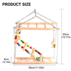 Double-Layer Bird Swing Toy Wooden Swing with Ladder & Bell for Birds