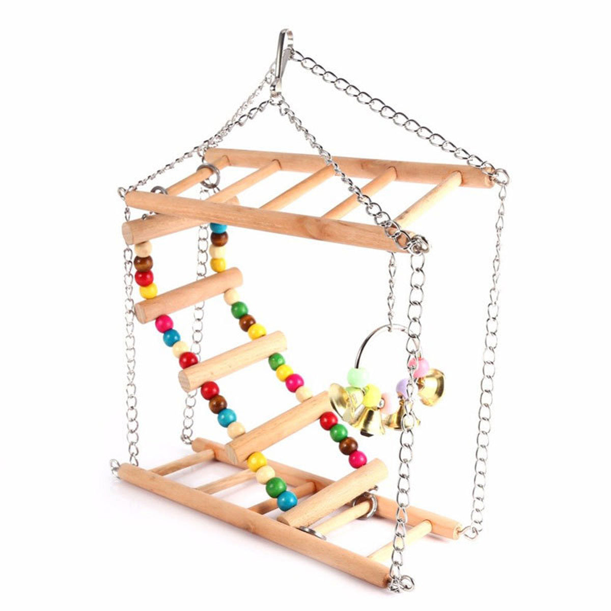 Double-Layer Bird Swing Toy Wooden Swing with Ladder & Bell for Birds