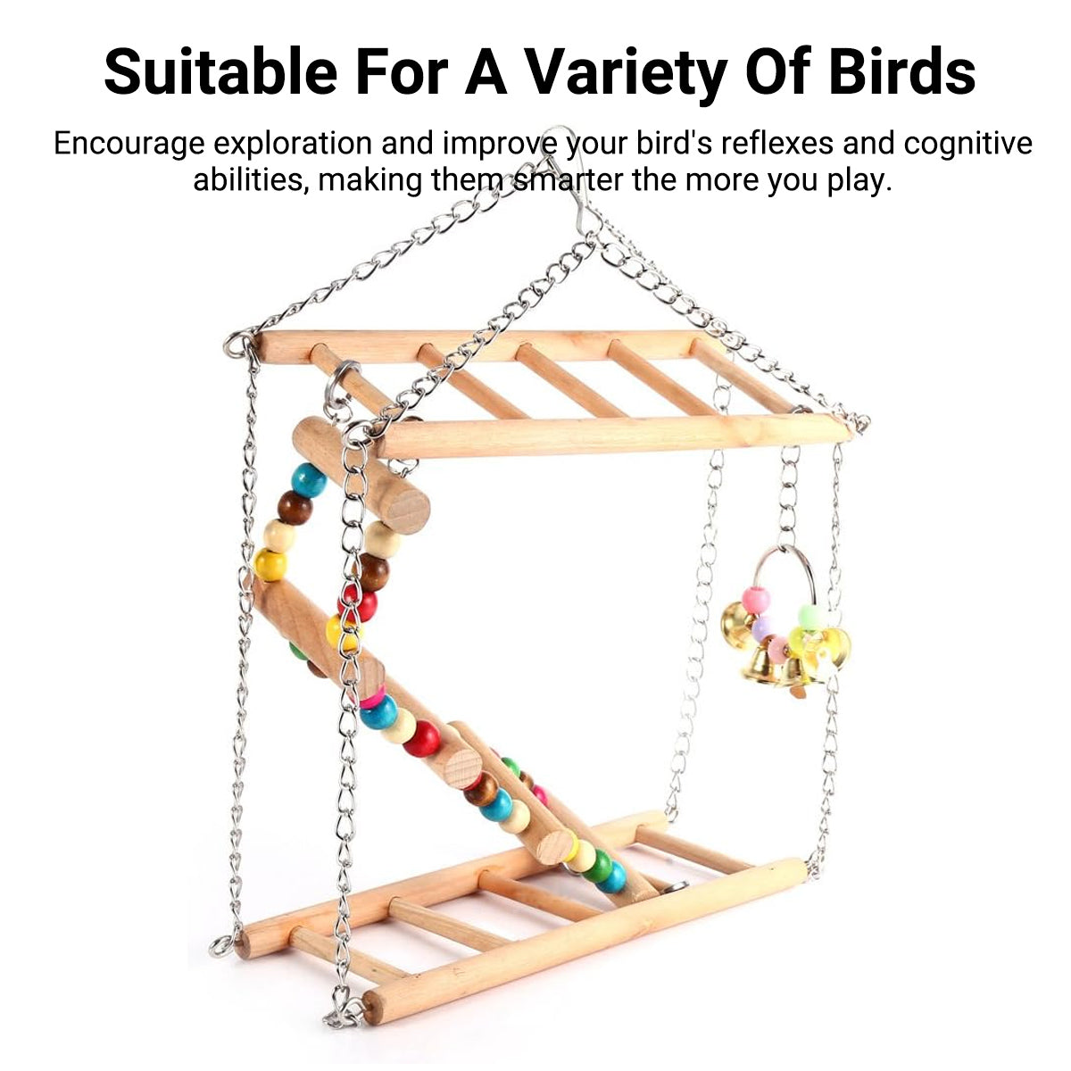Double-Layer Bird Swing Toy Wooden Swing with Ladder & Bell for Birds