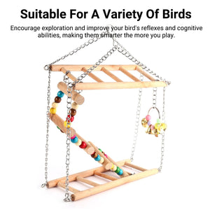 Double-Layer Bird Swing Toy Wooden Swing with Ladder & Bell for Birds