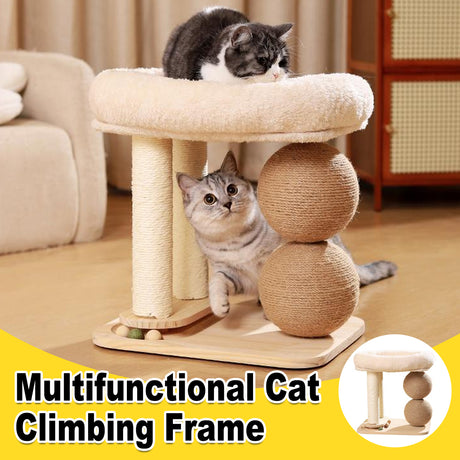 Compact cat climbing frame with scratching posts and play turntable