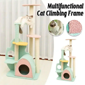cat climbing tower with sisal scratching posts and hideaway