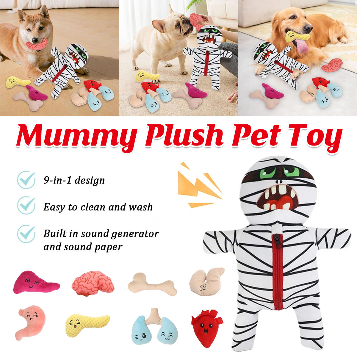 Mummy Plush Dog Toy Set 9-in-1 Interactive