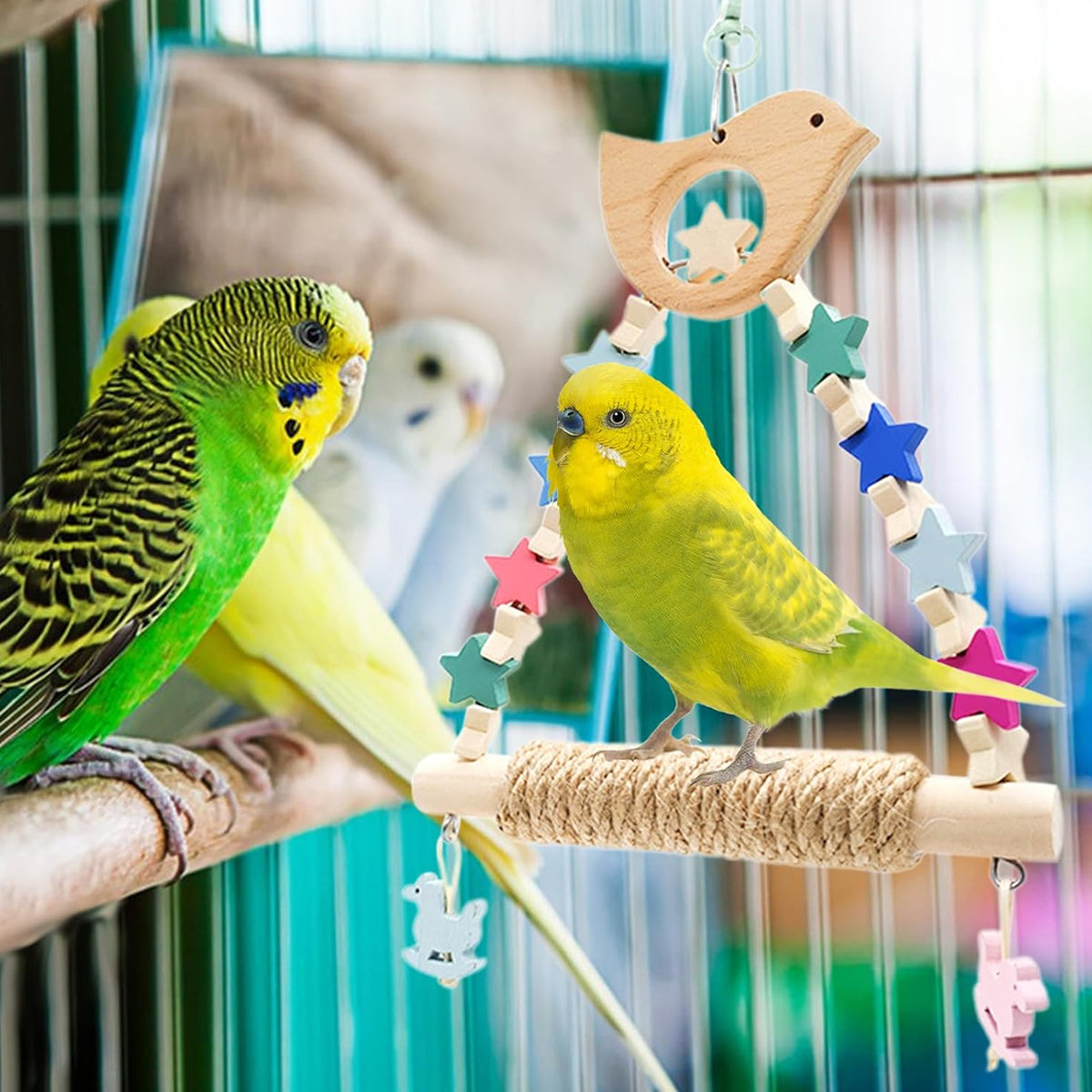 Wooden Parrot Swing Toy With Rope Perch