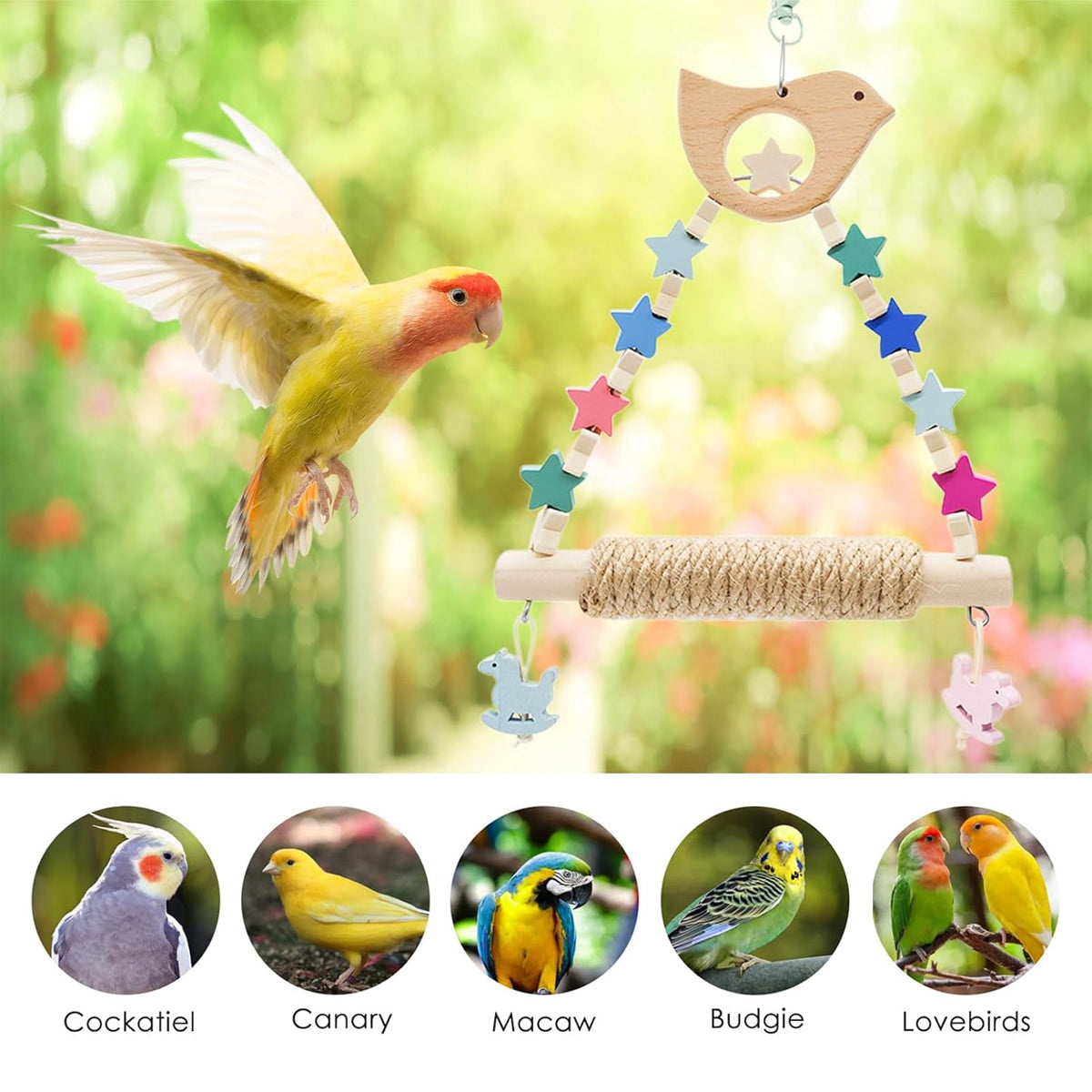 Wooden Parrot Swing Toy With Rope Perch