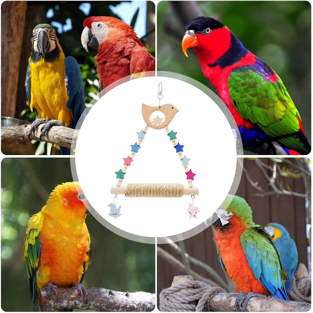 Wooden Parrot Swing Toy With Rope Perch