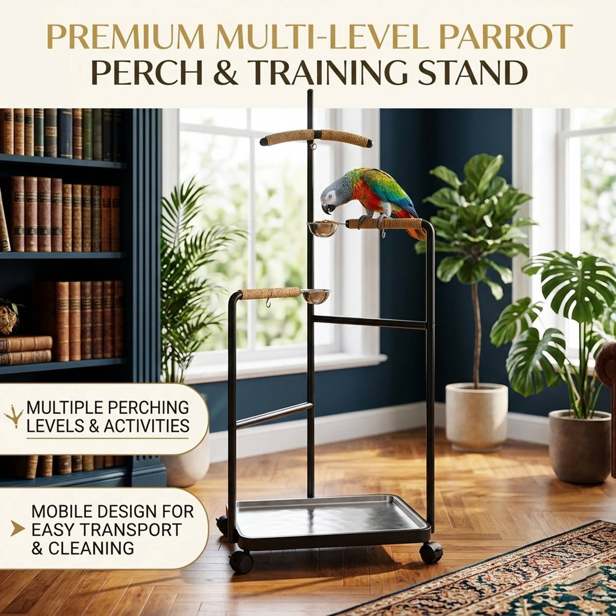 Floor Standing Parrot Bird Stand Multi Level Perch Training Stand with Wheels Stainless Steel Tray