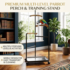 Floor Standing Parrot Bird Stand Multi Level Perch Training Stand with Wheels Stainless Steel Tray