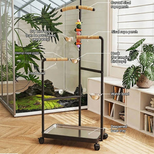 Floor Standing Parrot Bird Stand Multi Level Perch Training Stand with Wheels Stainless Steel Tray