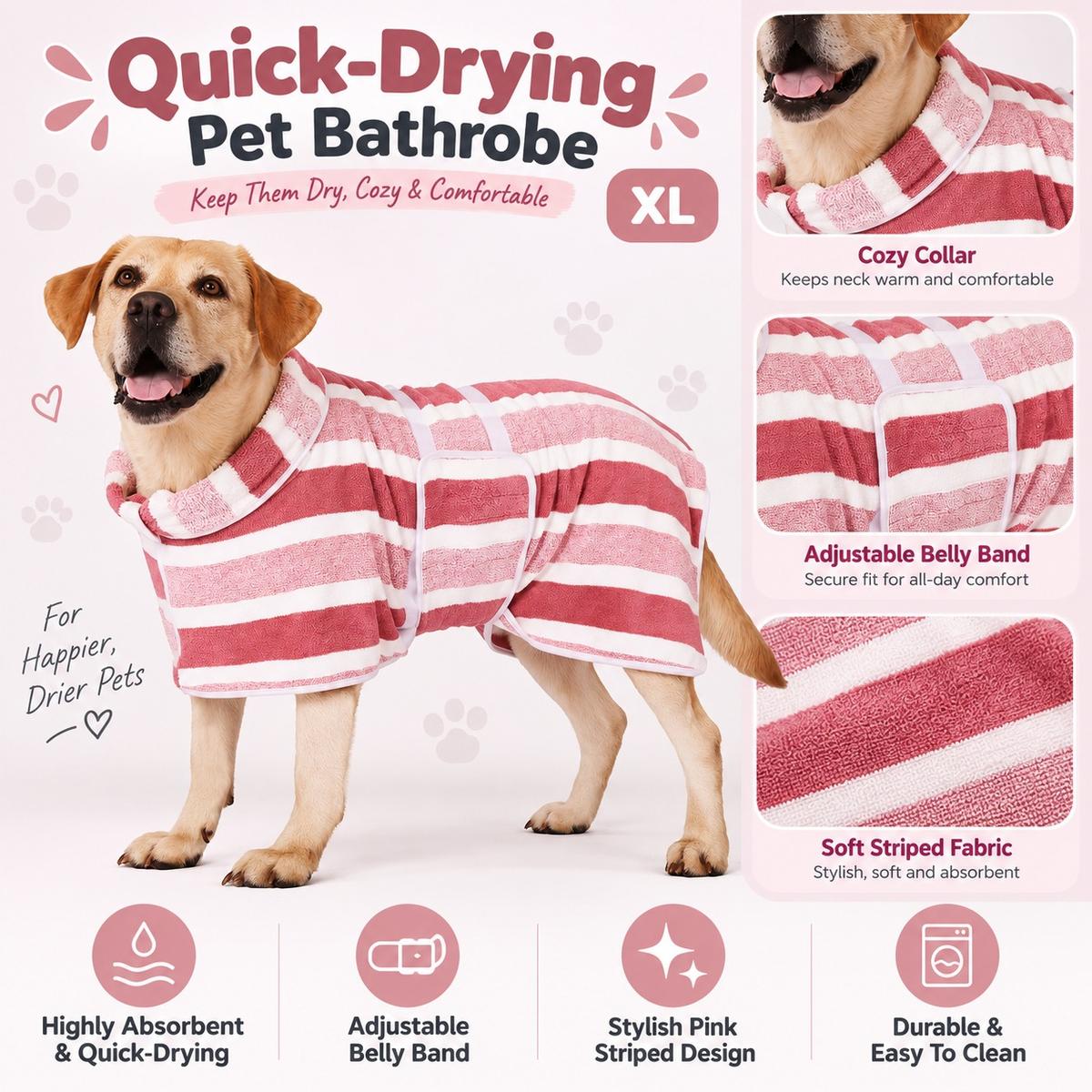 XL Quick-Drying Dog Bathrobe with Adjustable Band