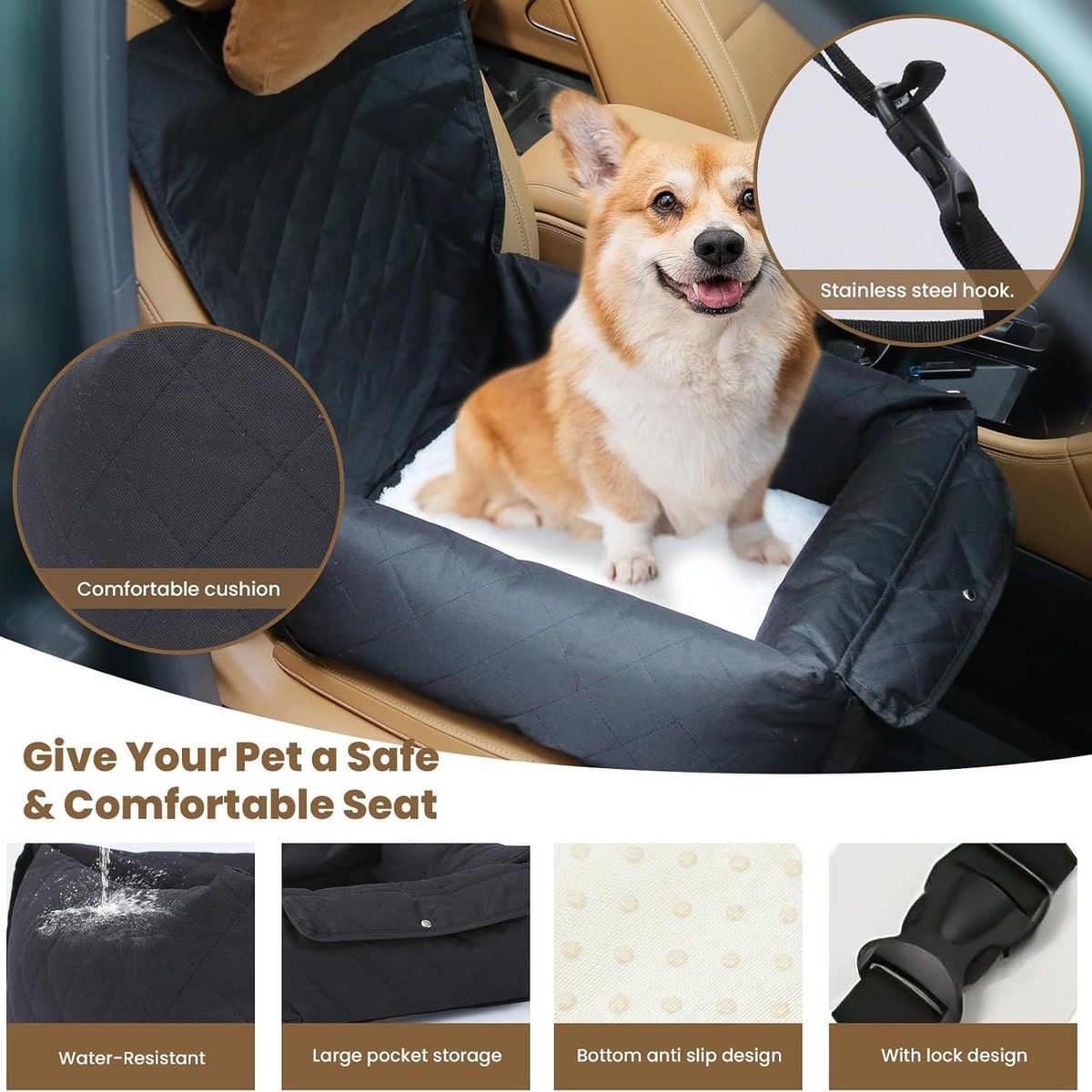 Black Quilted Dog Car Seat for Small Pets