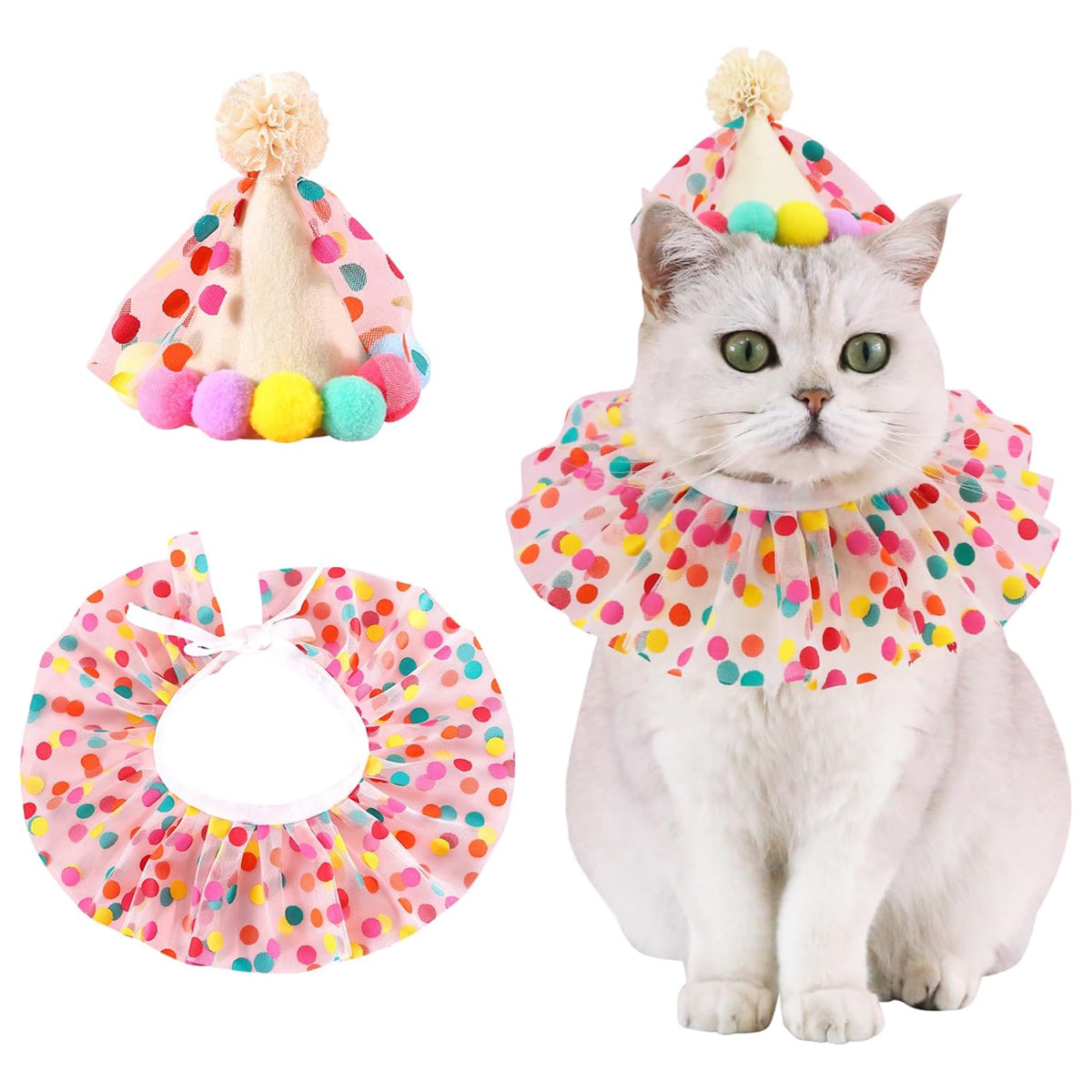 Cute Pet Birthday Dress Up Set with Hat and Ruffle Collar