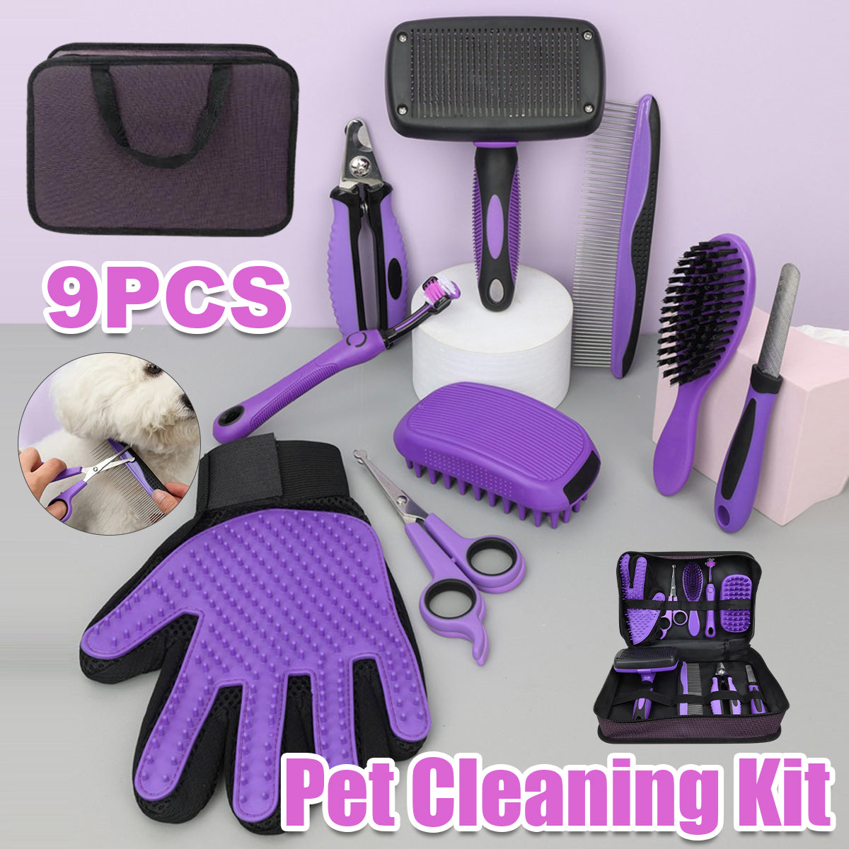 Pet Comb Set Dog Beauty Scissors Hair Removal Needle Comb Nail Scissors Cat Row Comb Cat Gloves 9-piece Set