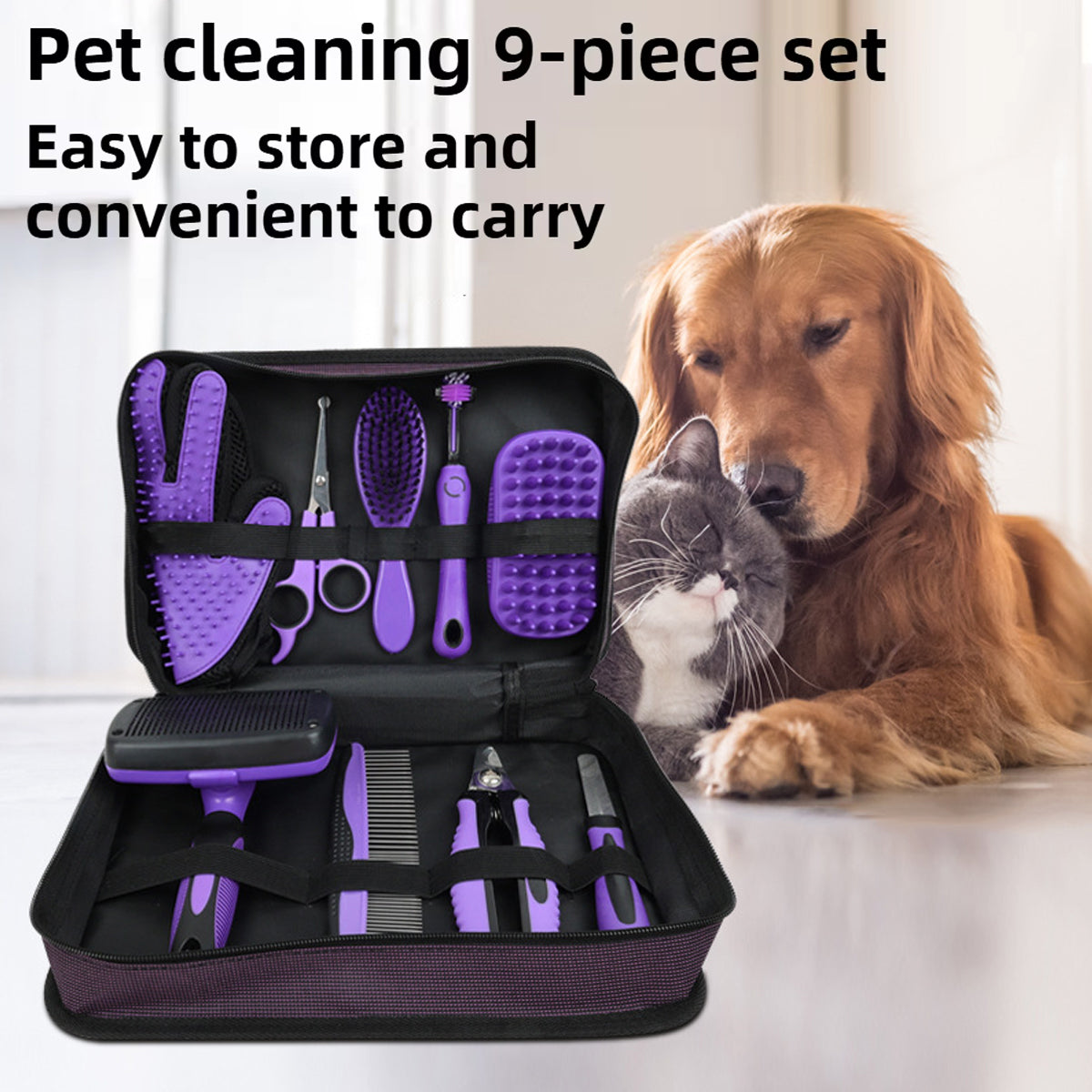 Pet Comb Set Dog Beauty Scissors Hair Removal Needle Comb Nail Scissors Cat Row Comb Cat Gloves 9-piece Set