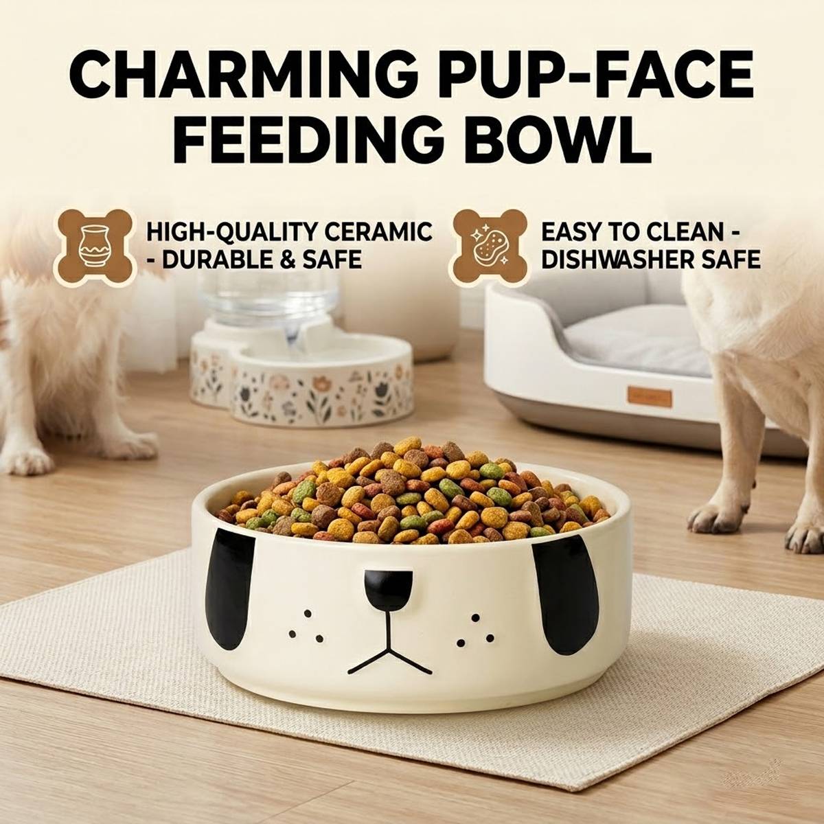 Cartoon Pug Pet Bowl - Ceramic Cat & Dog Food Dish