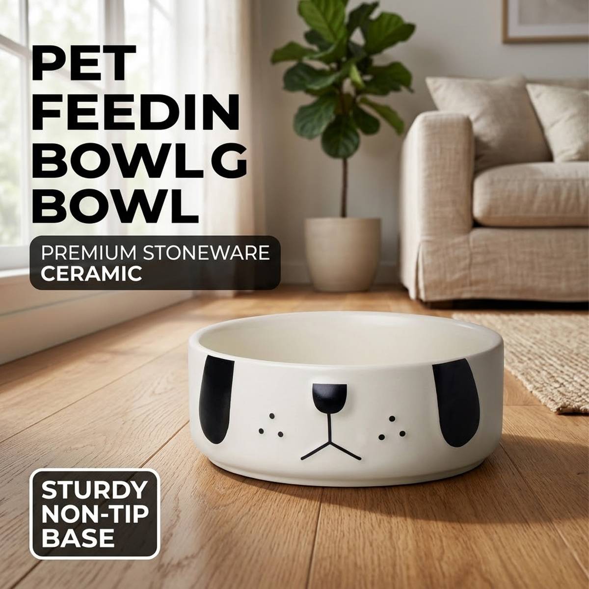 Cartoon Pug Pet Bowl - Ceramic Cat & Dog Food Dish