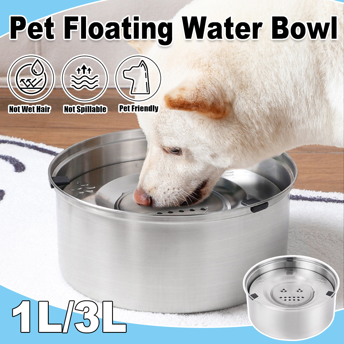 Stainless Steel Pet Floating Water Bowl Spillproof 1L/3L