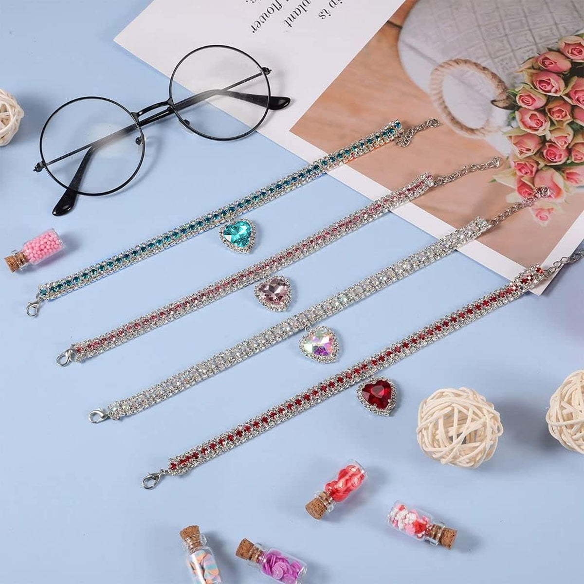 Rhinestone Pet Collar Set With Heart Pendant