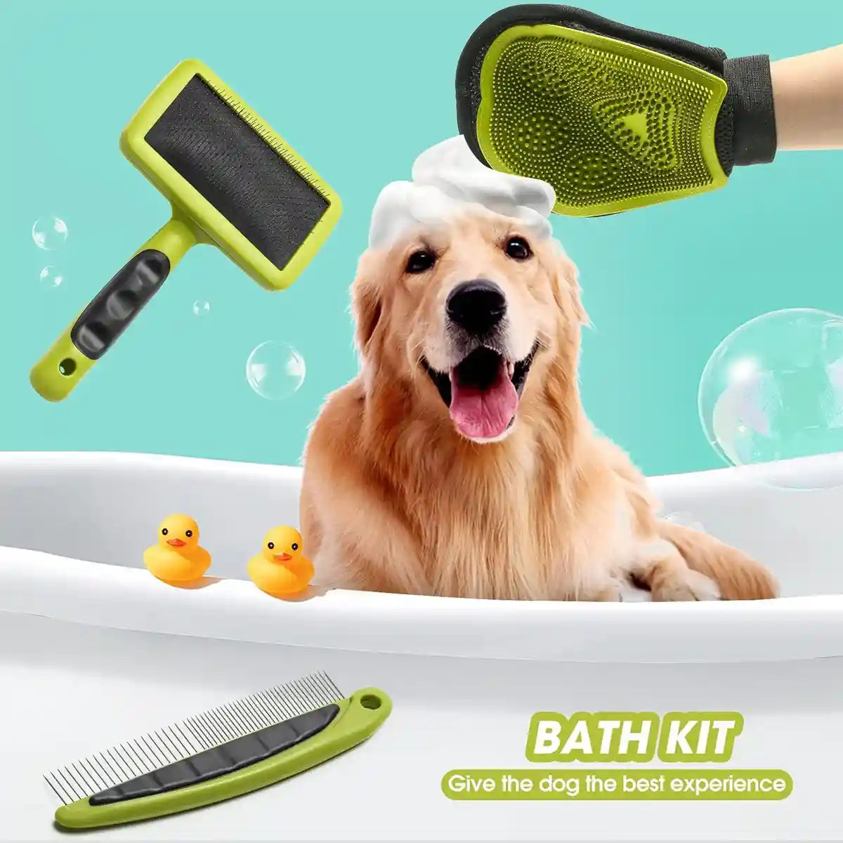 Pet Grooming Kit 3-Piece Set with Self-Cleaning Brush Comb & Bath Glove