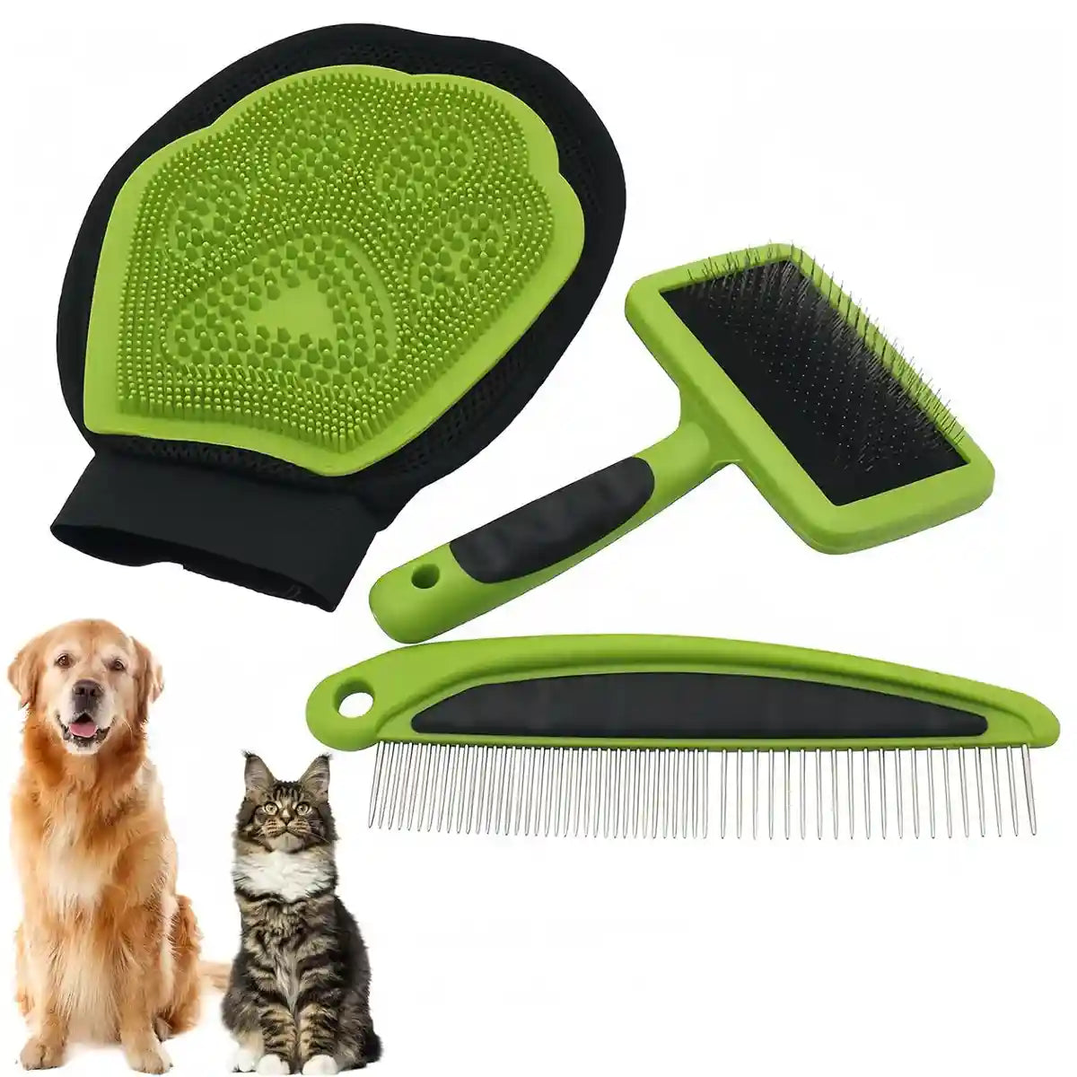 Pet Grooming Kit 3-Piece Set with Self-Cleaning Brush Comb & Bath Glove