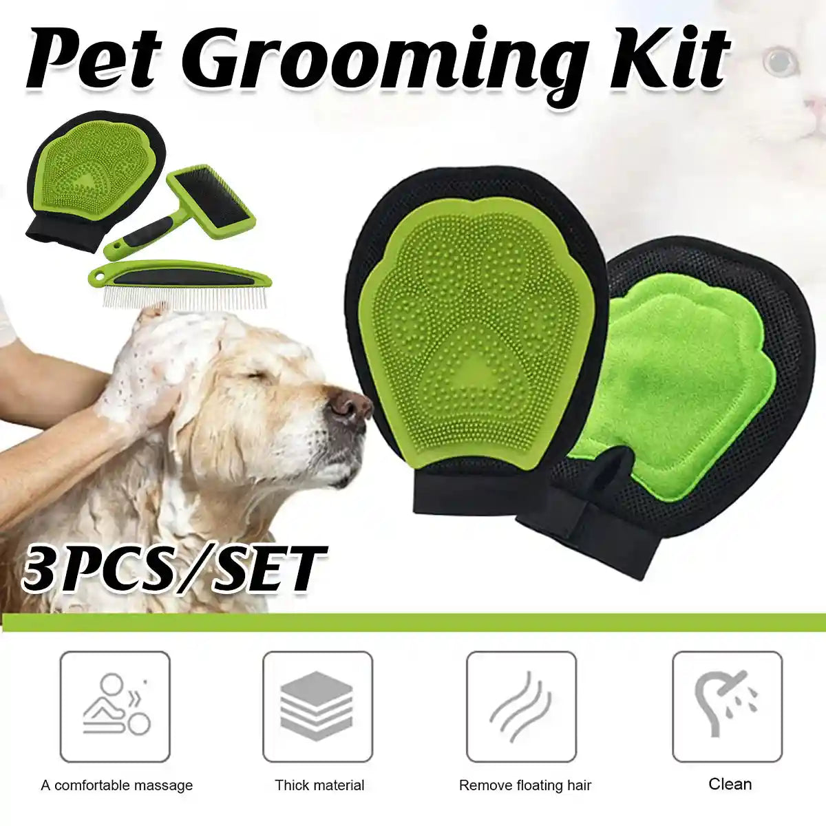 Pet Grooming Kit 3-Piece Set with Self-Cleaning Brush Comb & Bath Glove
