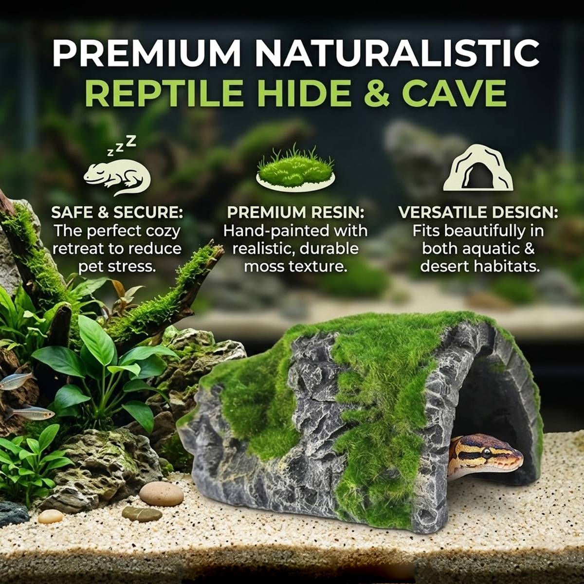 Reptile Hide Cave with Moss | Rock Shelter for Terrariums & Aquariums