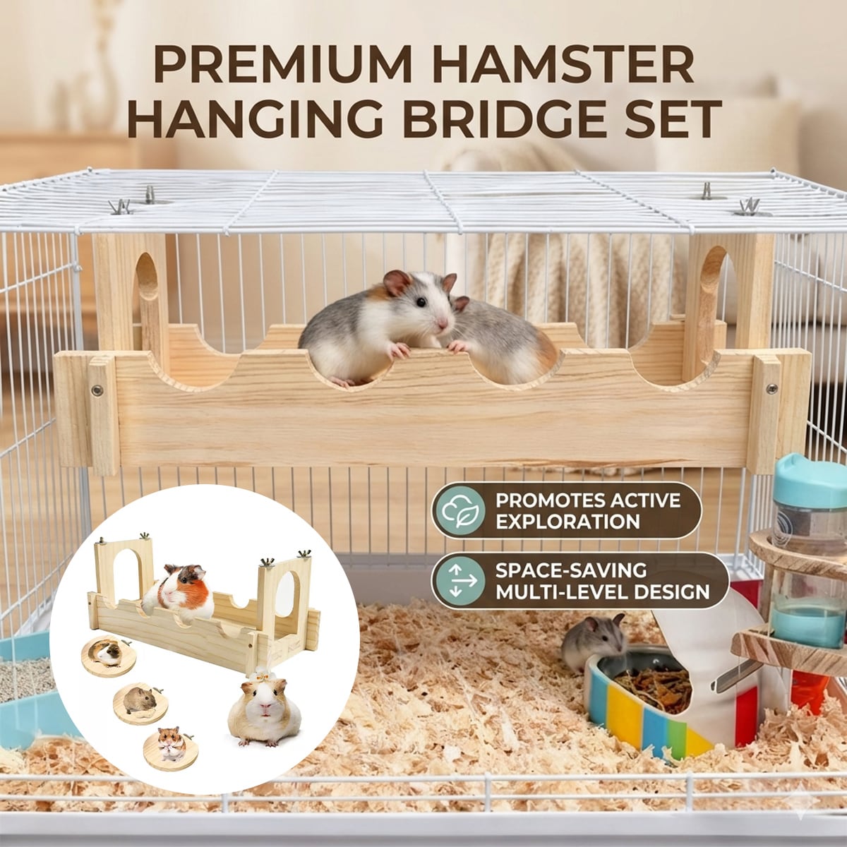 Wooden Hamster Hanging Bridge Set with 3 Play Platforms