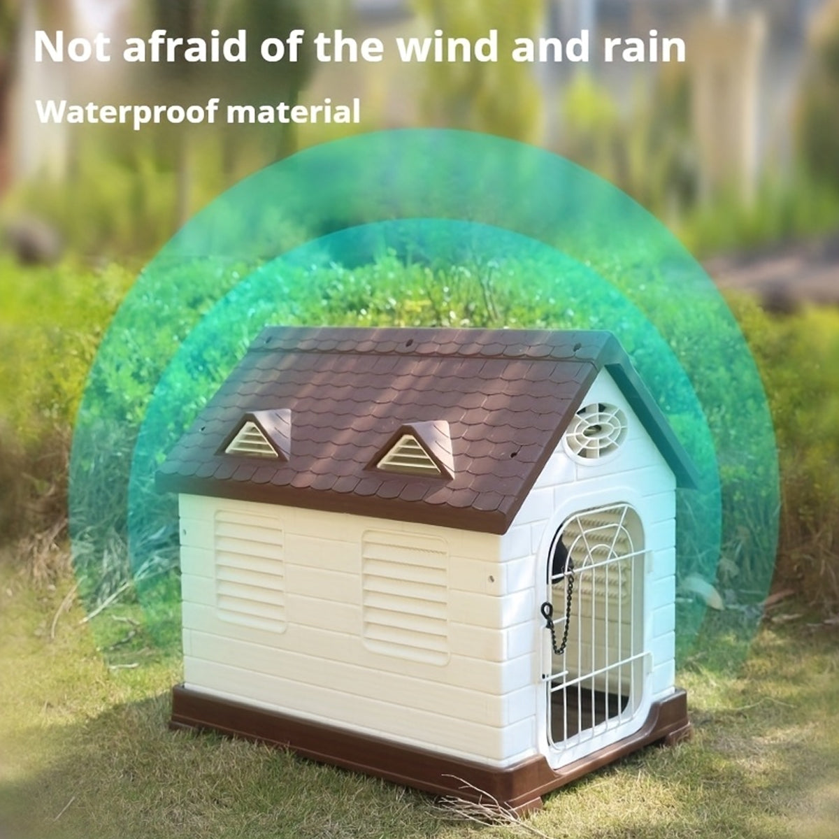 Outdoor Plastic Dog House with Ventilation and Iron Gate