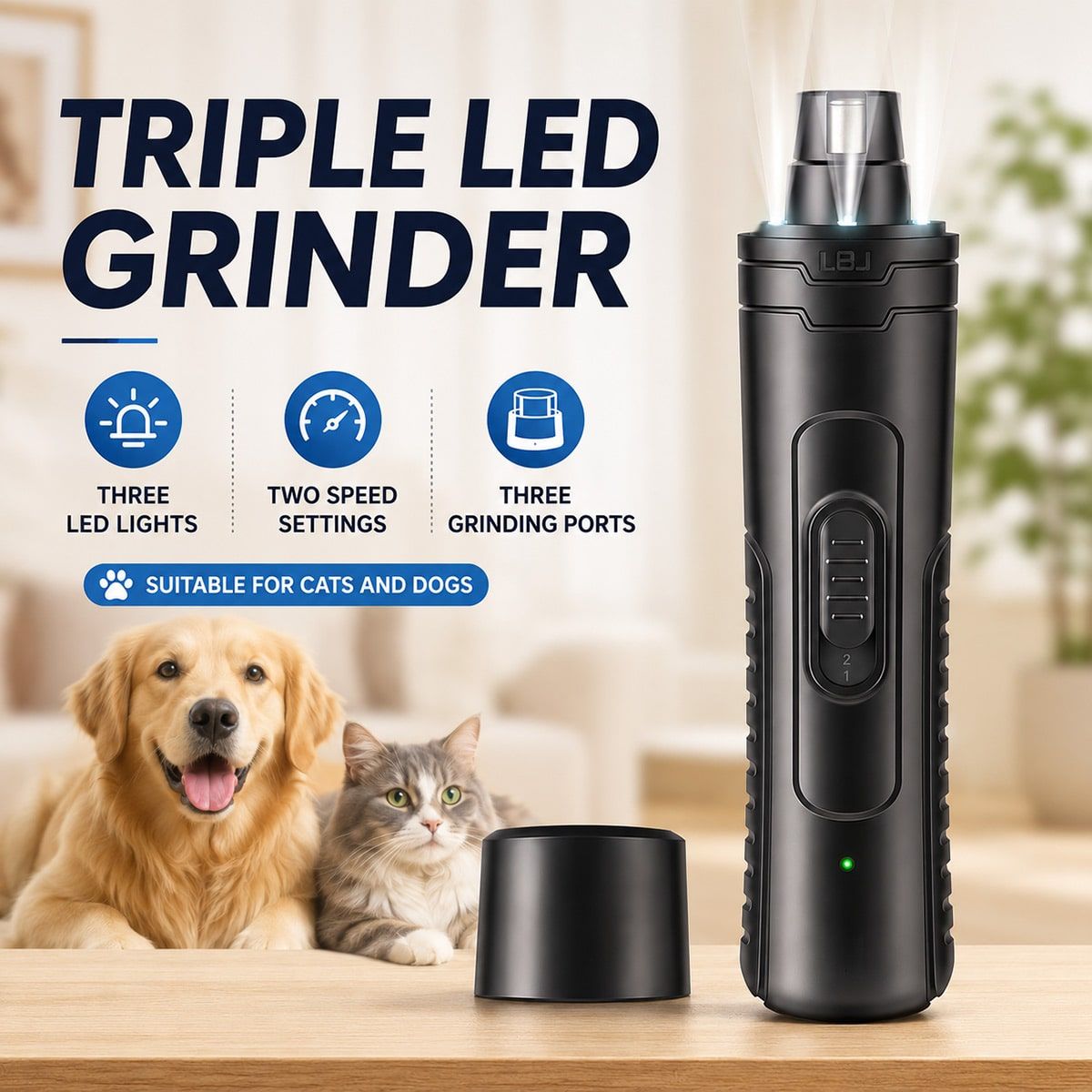 Black Triple LED Dog Nail Grinder with 2 Speeds