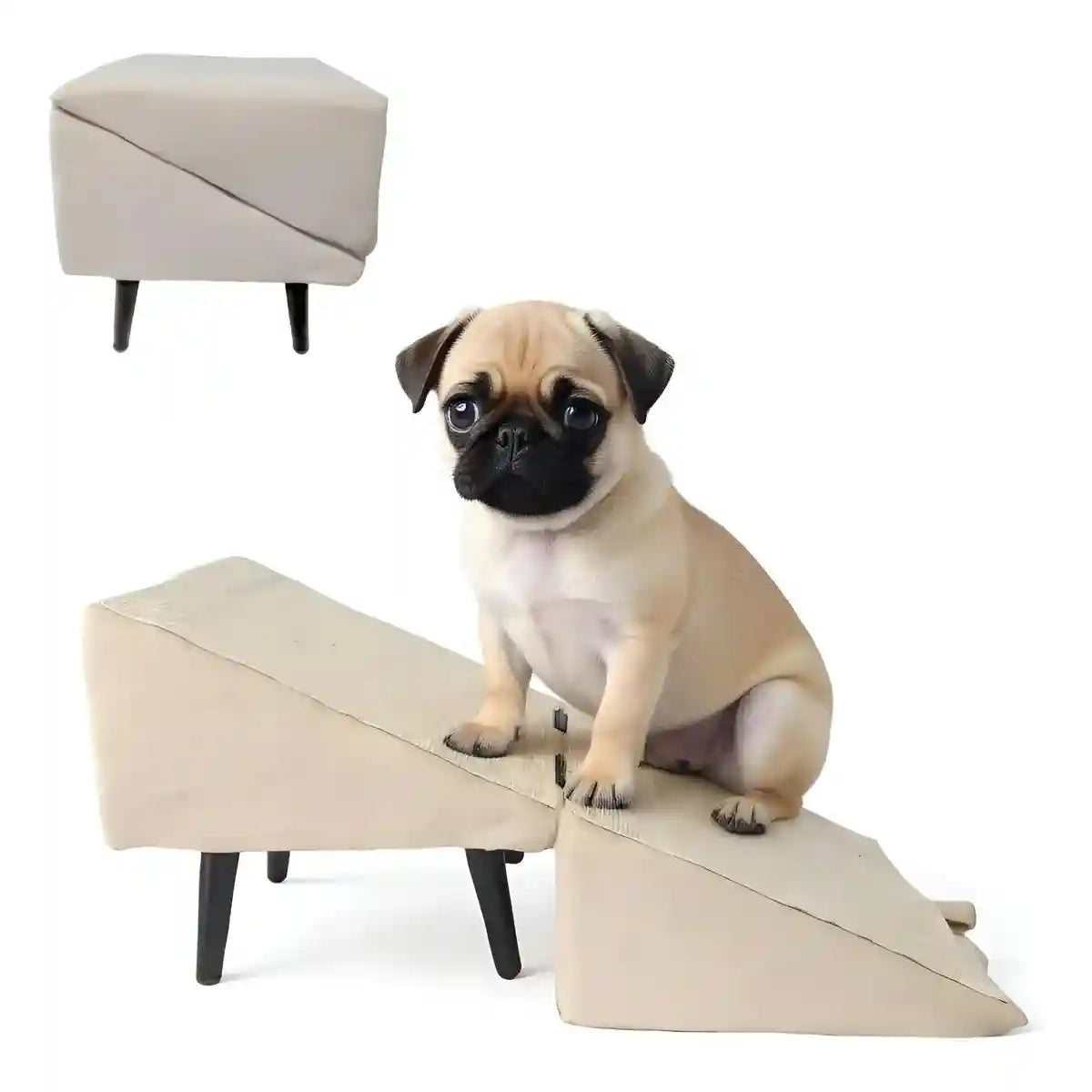 Khaki Wooden Pet Dog Stairs Ramp Dual-Function Foldable Step Ladder