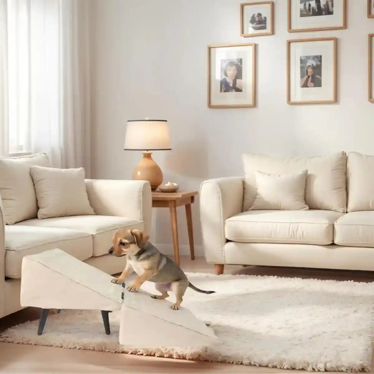 Khaki Wooden Pet Dog Stairs Ramp Dual-Function Foldable Step Ladder