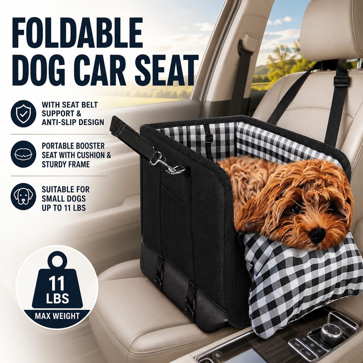Black Foldable Dog Car Seat with Cushion