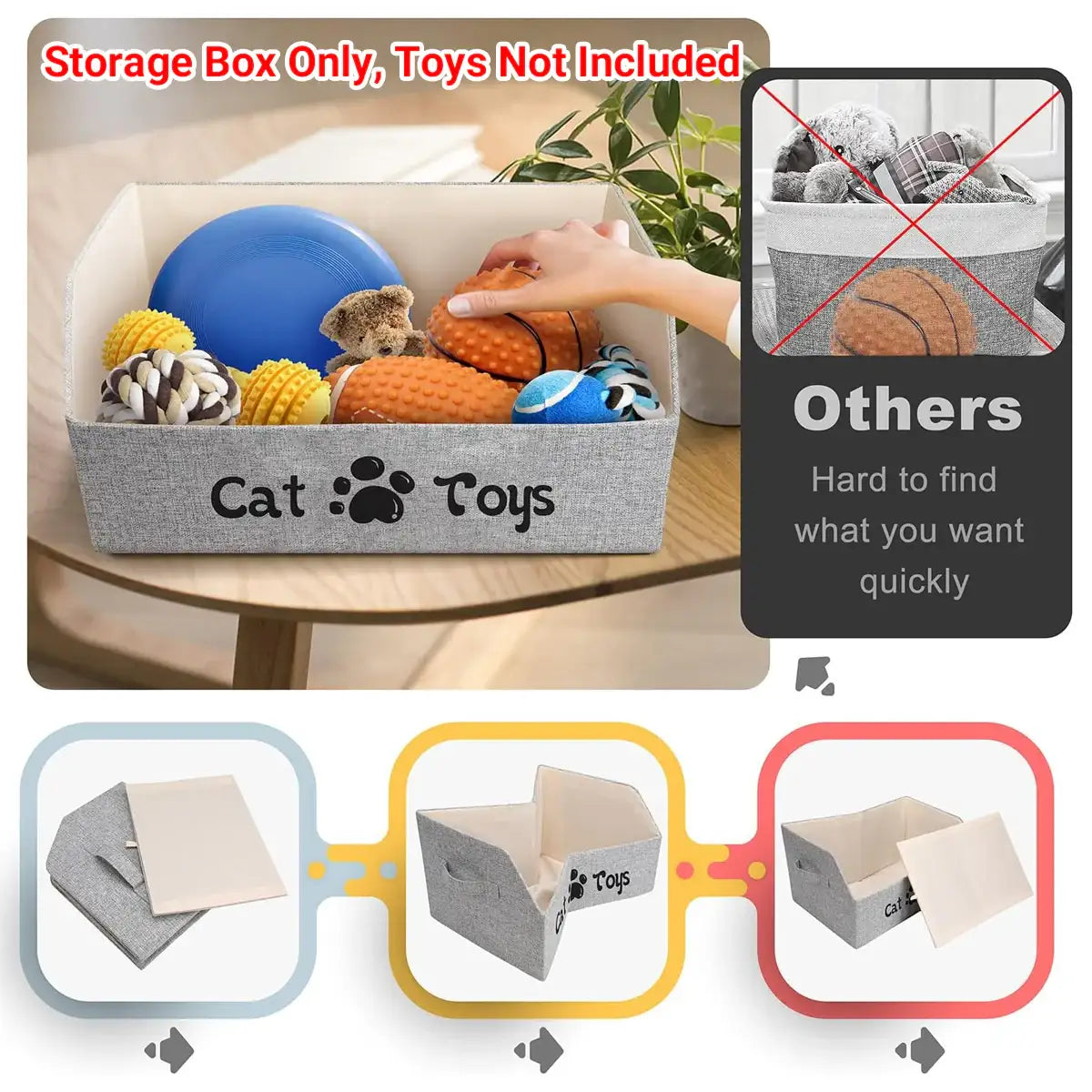 Foldable Pet Toy Storage Box with Handles for Cats & Dogs