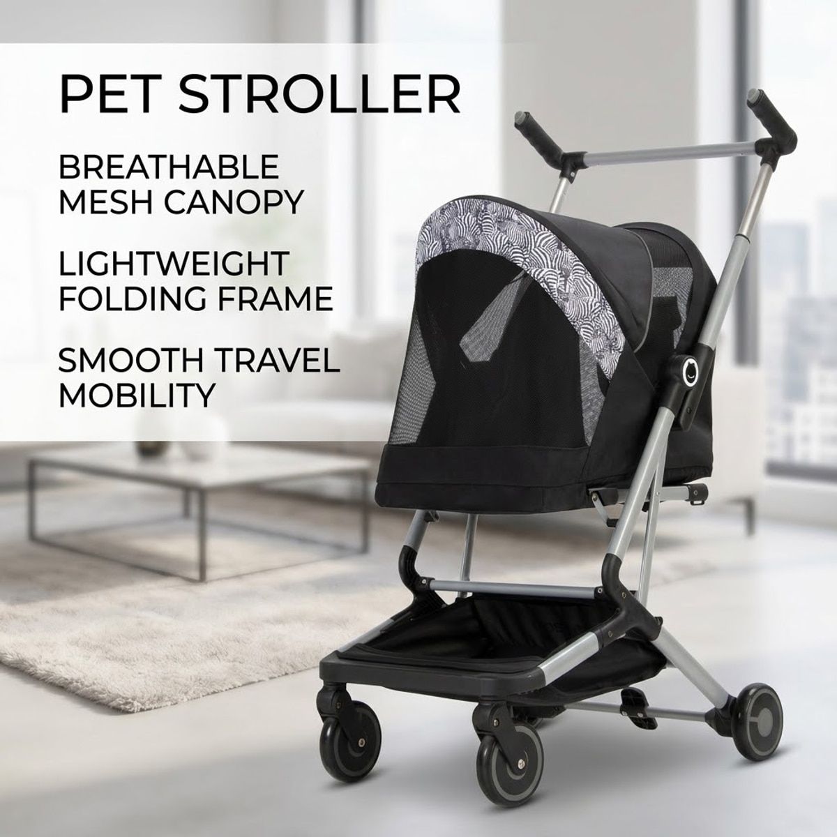 Black Compact Pet Stroller with Folding Frame