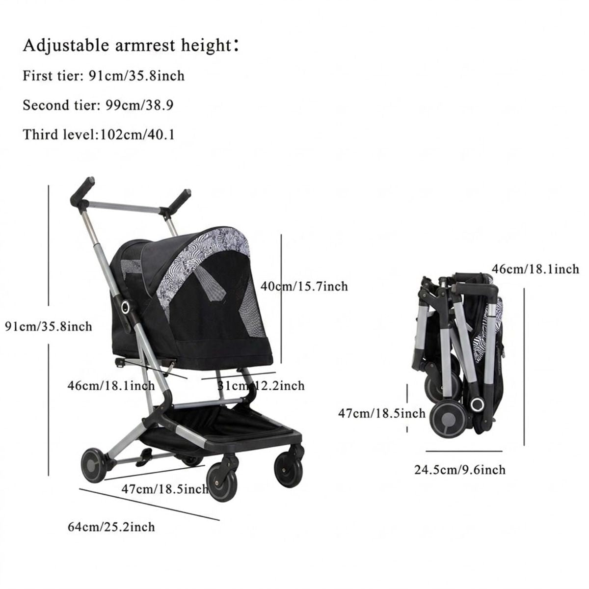 Black Compact Pet Stroller with Folding Frame
