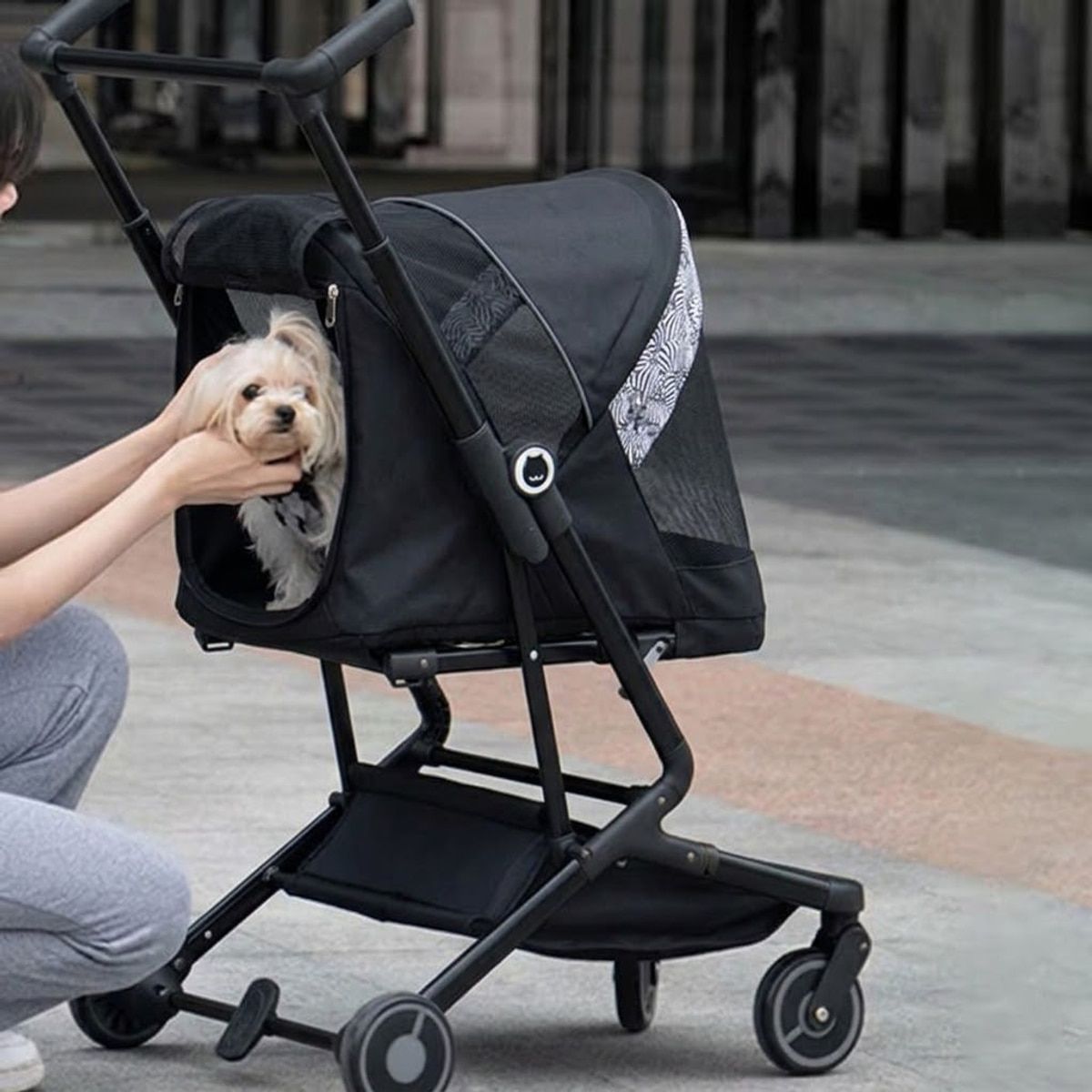 Black Compact Pet Stroller with Folding Frame