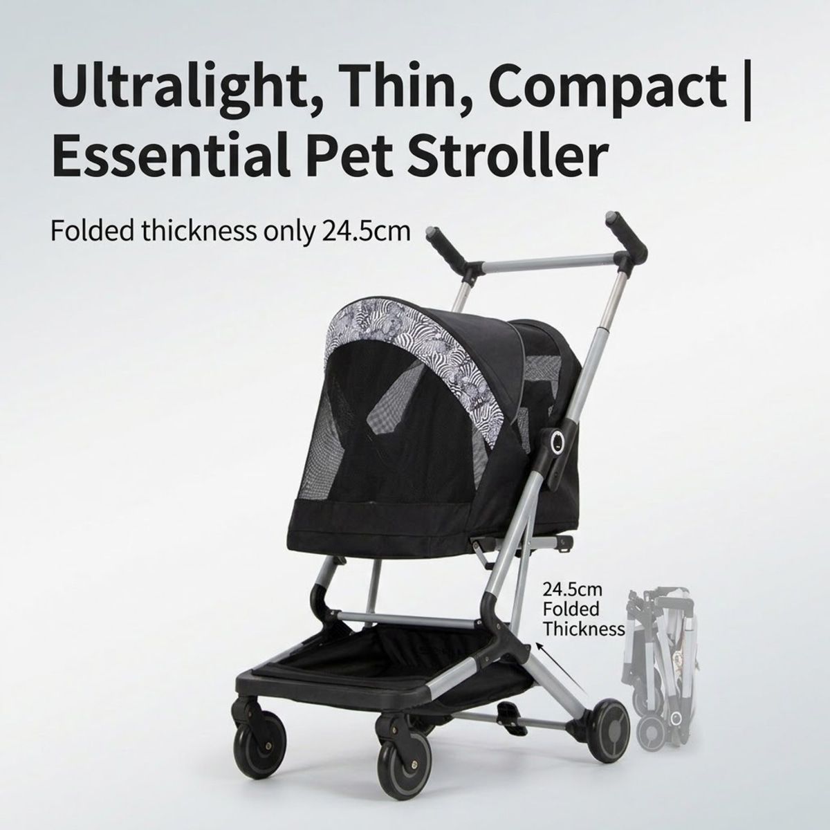 Black Compact Pet Stroller with Folding Frame