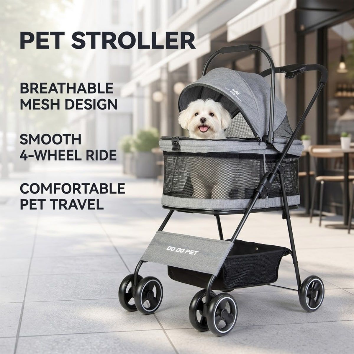 Grey Foldable Pet Stroller with Mesh Canopy
