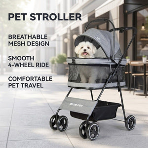 Grey Foldable Pet Stroller with Mesh Canopy