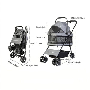 Grey Foldable Pet Stroller with Mesh Canopy