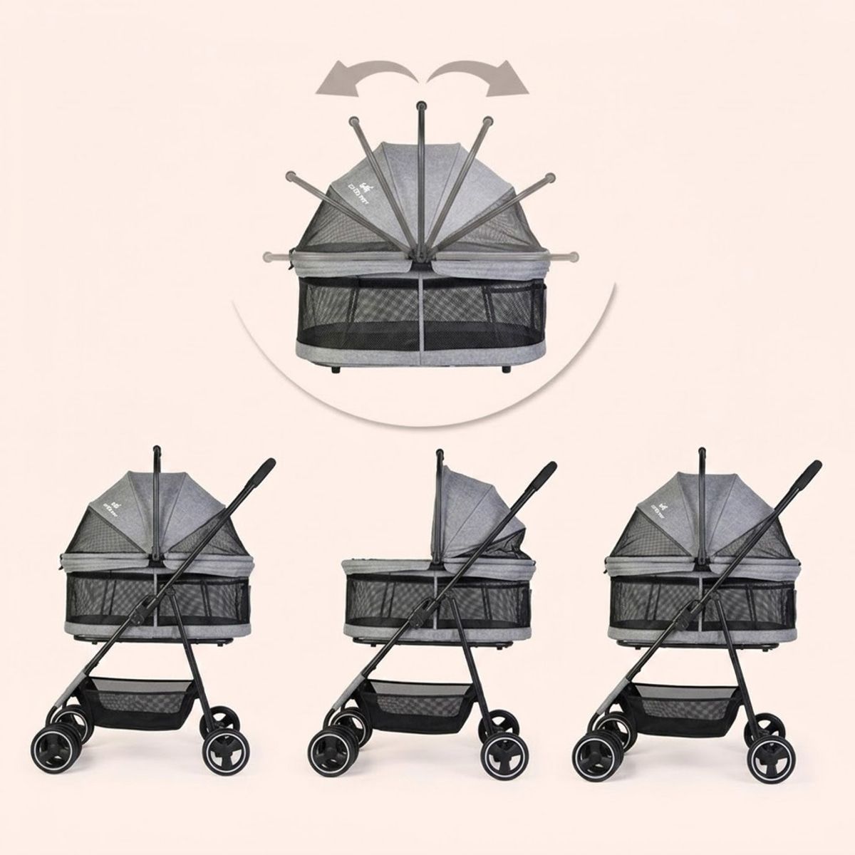Grey Foldable Pet Stroller with Mesh Canopy