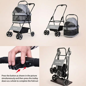 Grey Foldable Pet Stroller with Mesh Canopy
