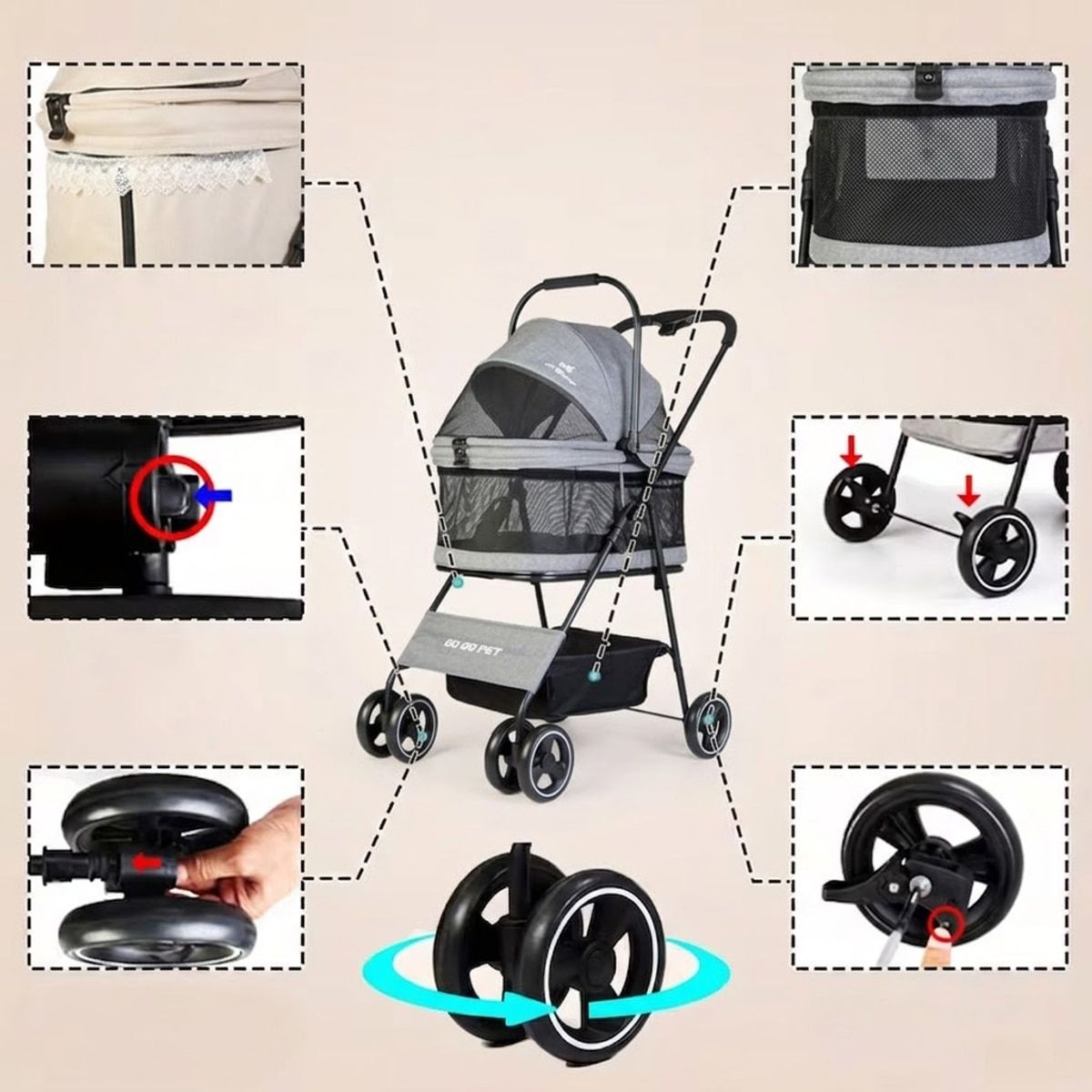 Grey Foldable Pet Stroller with Mesh Canopy