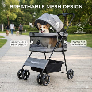 Grey Foldable Pet Stroller with Mesh Canopy