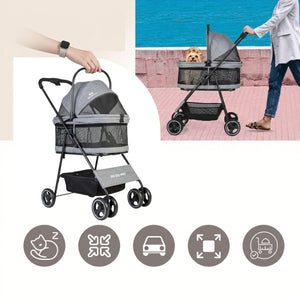 Grey Foldable Pet Stroller with Mesh Canopy
