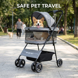 Grey Foldable Pet Stroller with Mesh Canopy