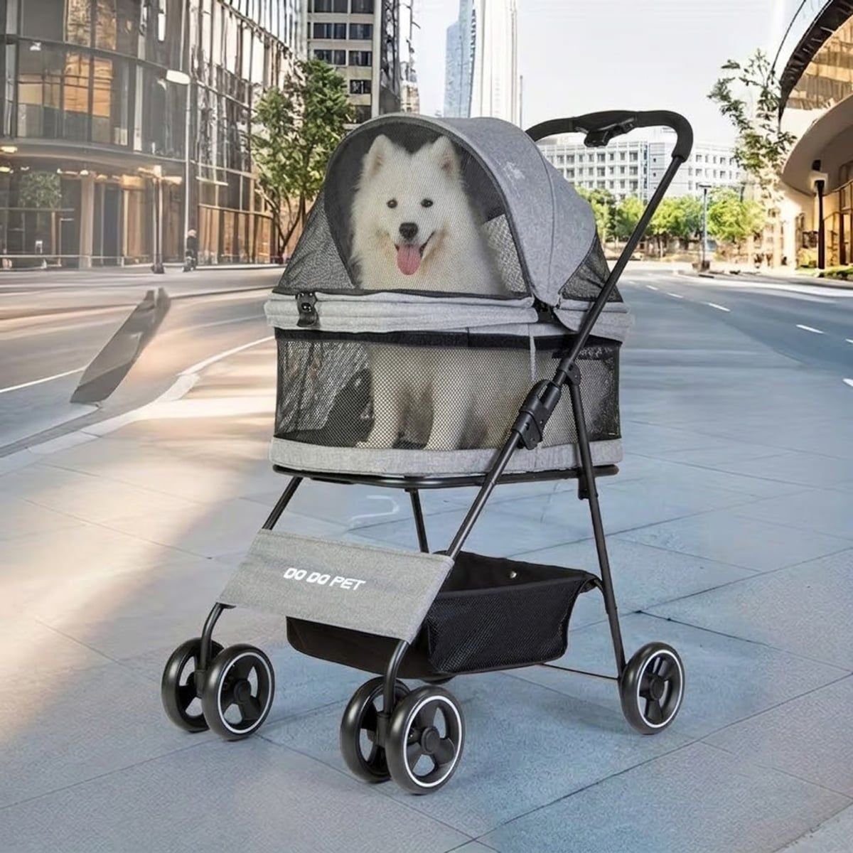 Grey Foldable Pet Stroller with Mesh Canopy